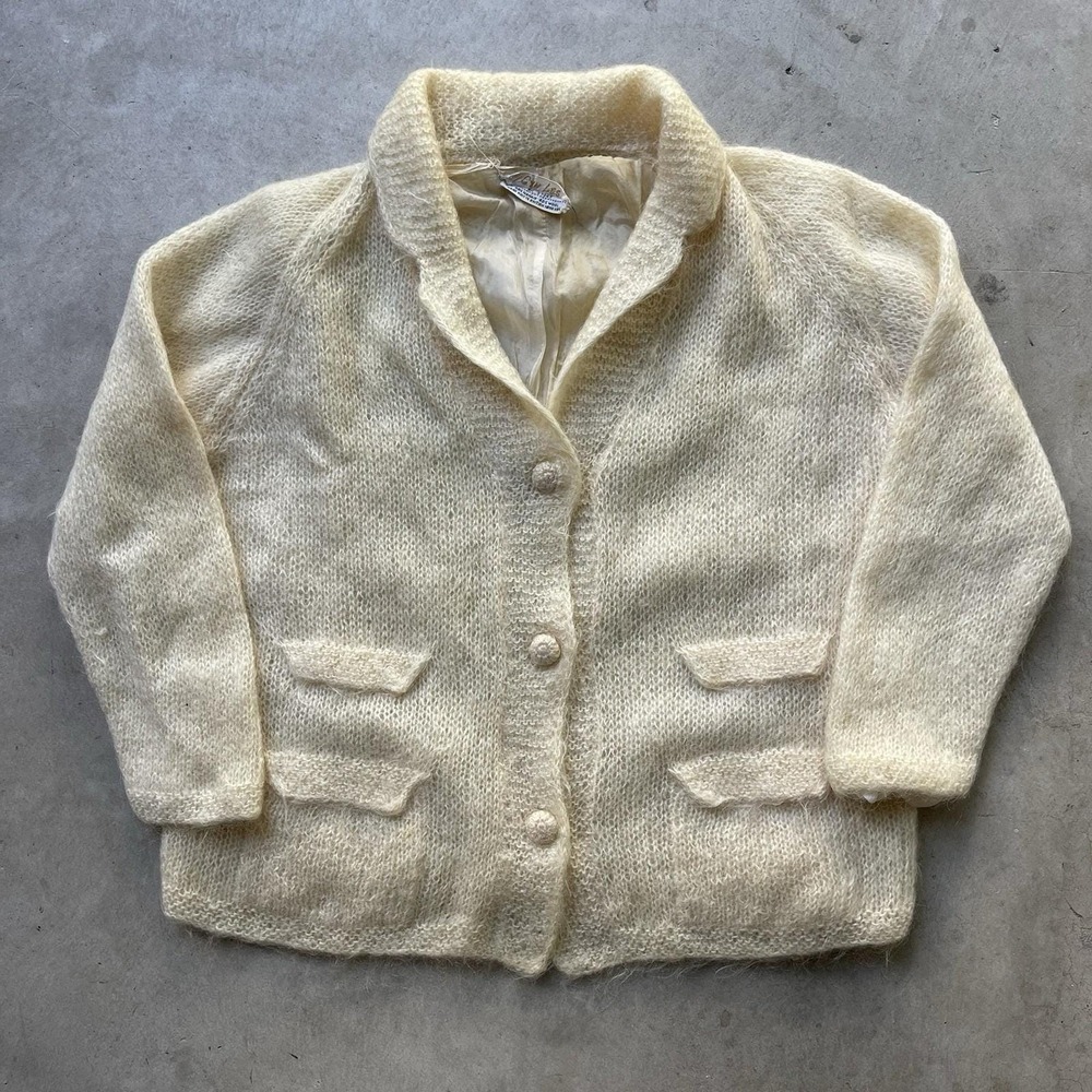 Vintage 60s Mohair Wool Cardigan Shawl Collar Lined Cream Fuzzy Sweater Coat